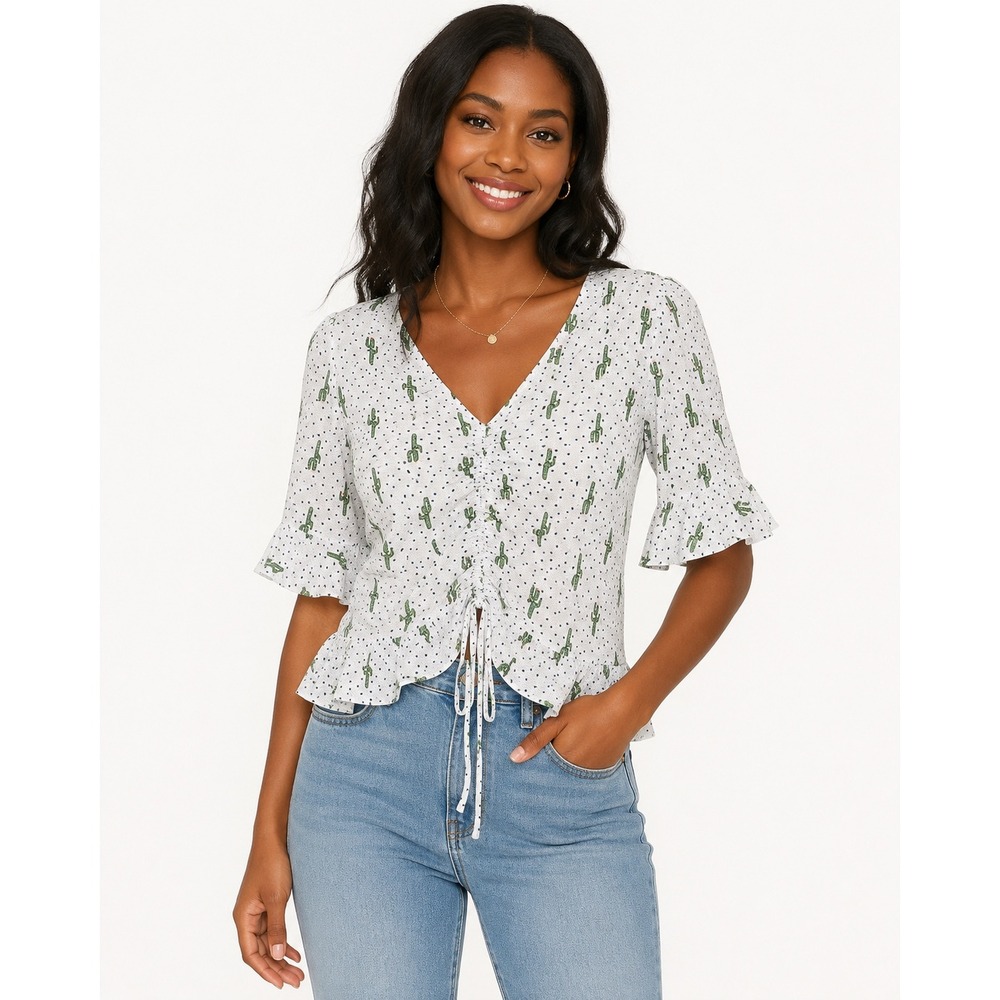 Elodie Cactus Polka Dot Ruched Peplum Top Ruffle Sleeve Cottagecore L southwest
